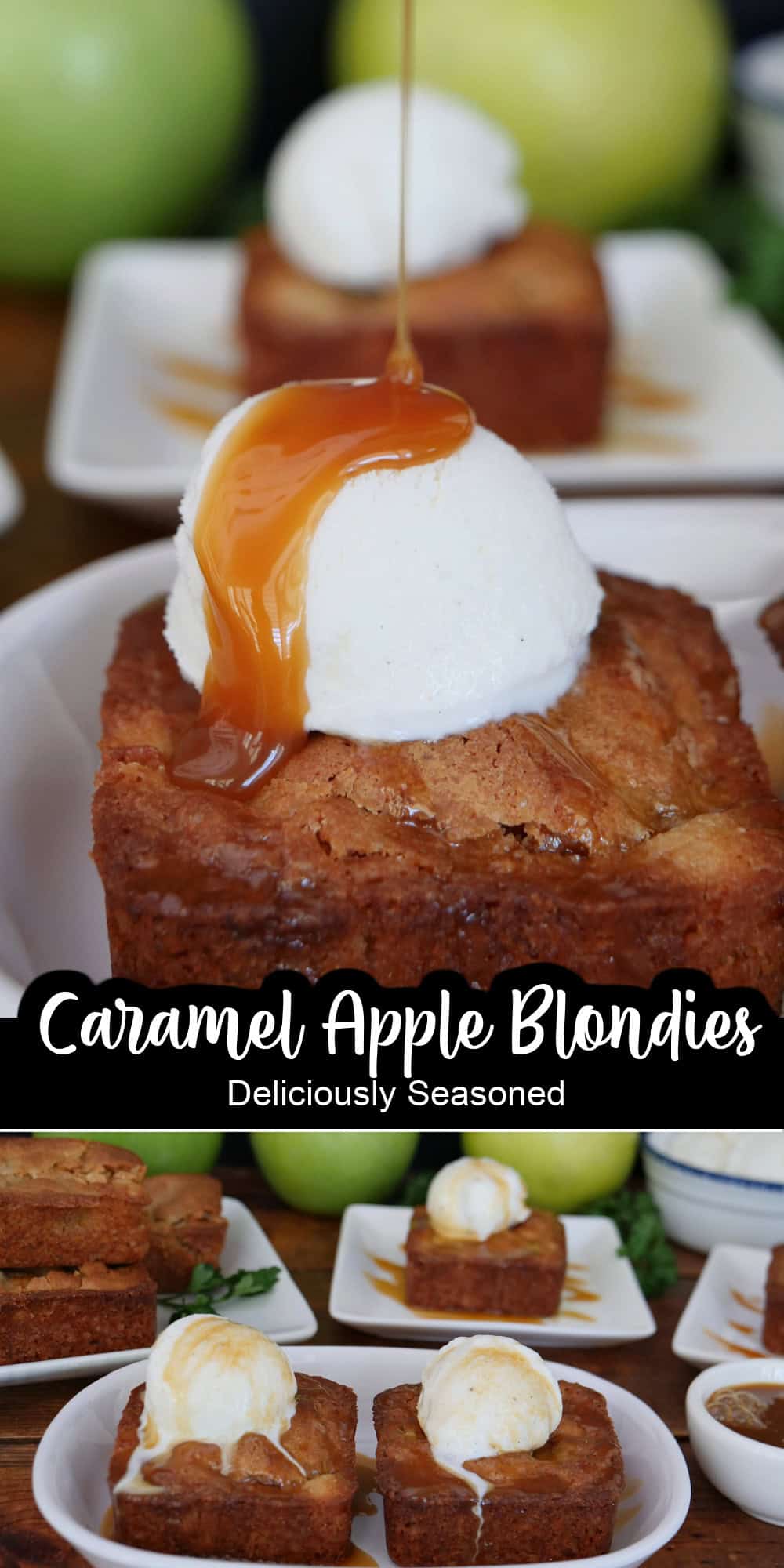 A two-panel collage of caramel apple blondies with a title overlay in the center.