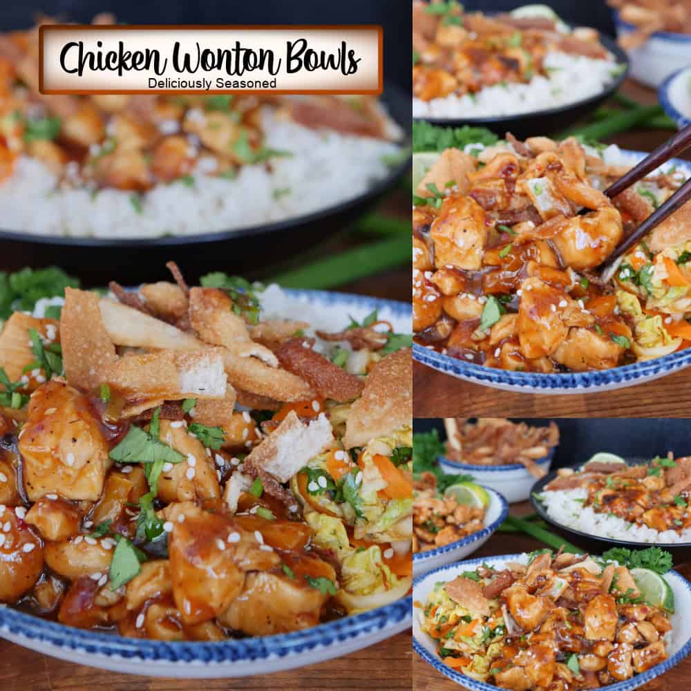 A three panel collage of chicken wonton bowls with a title overlay at the top.