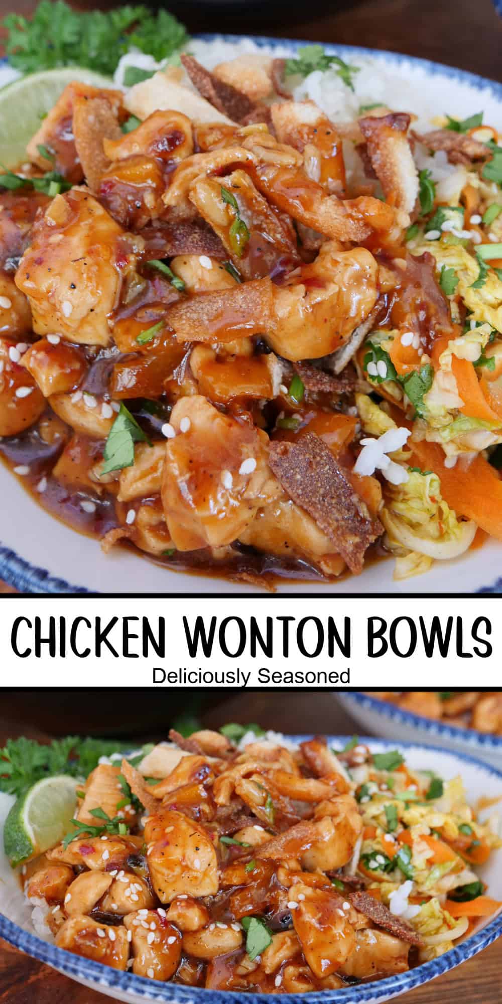 A two panel collage of chicken wontons in a white bowl with blue trim with a title overlay in the center.