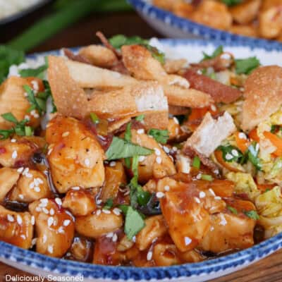 A blue trimmed white bowl filled with a serving of chicken wonton, and a title overlay is at the top of the photo.