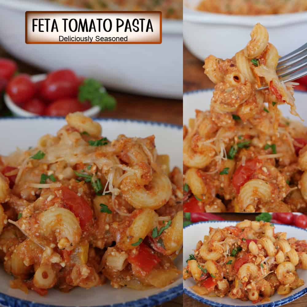 A three panel collage of feta tomato pasta with a title overlay at the top.