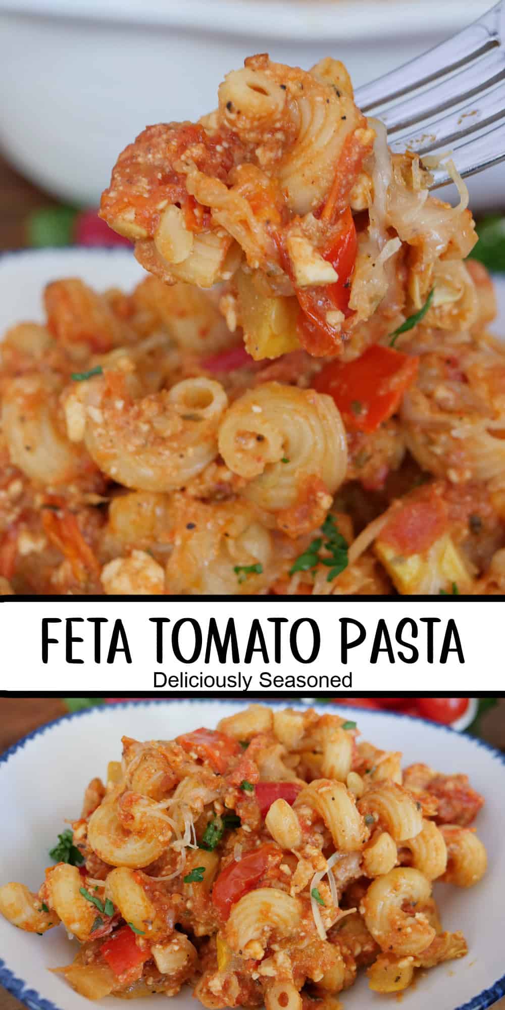 A two panel collage of feta tomato pasta with a title overlay in the center.