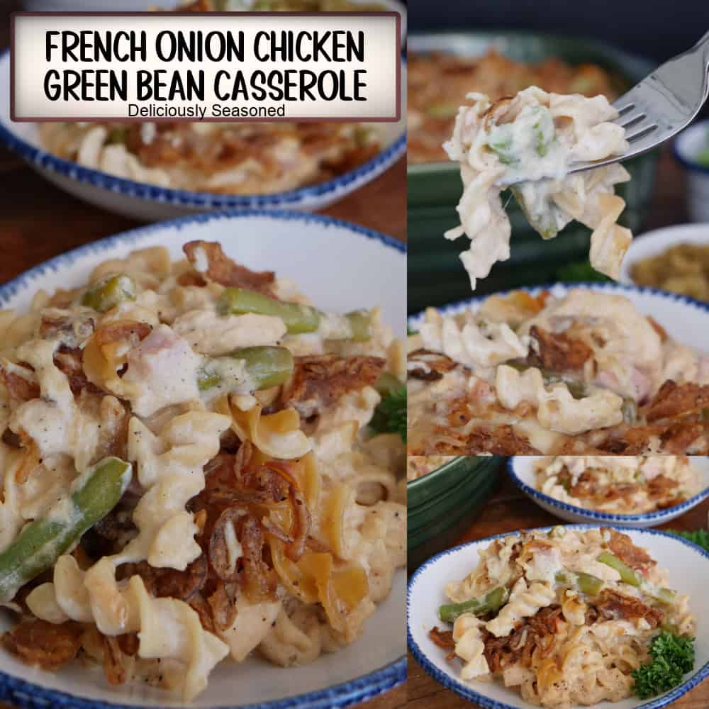 A three panel collage of French onion chicken green bean casserole and a title overlay at the top.