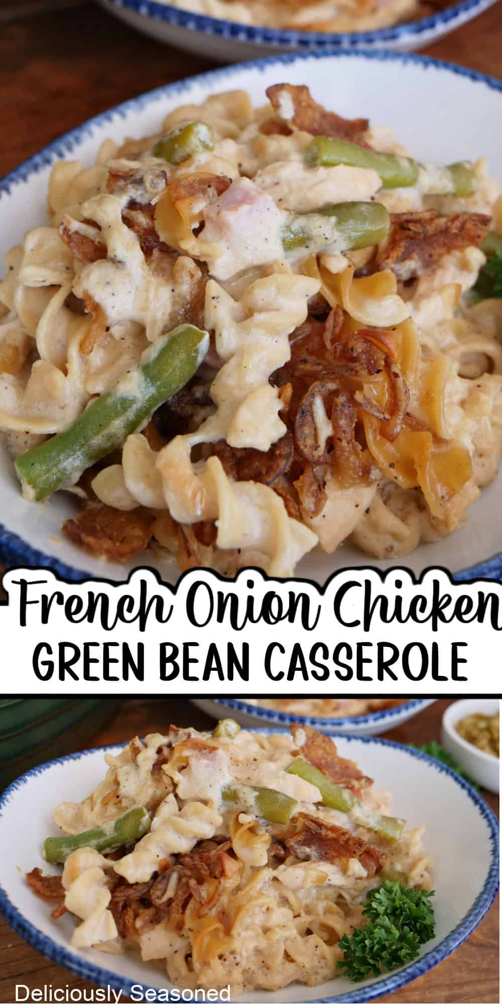 A two panel collage of chicken green bean casserole with French onion soup mix, and a title overlay between the two photos.