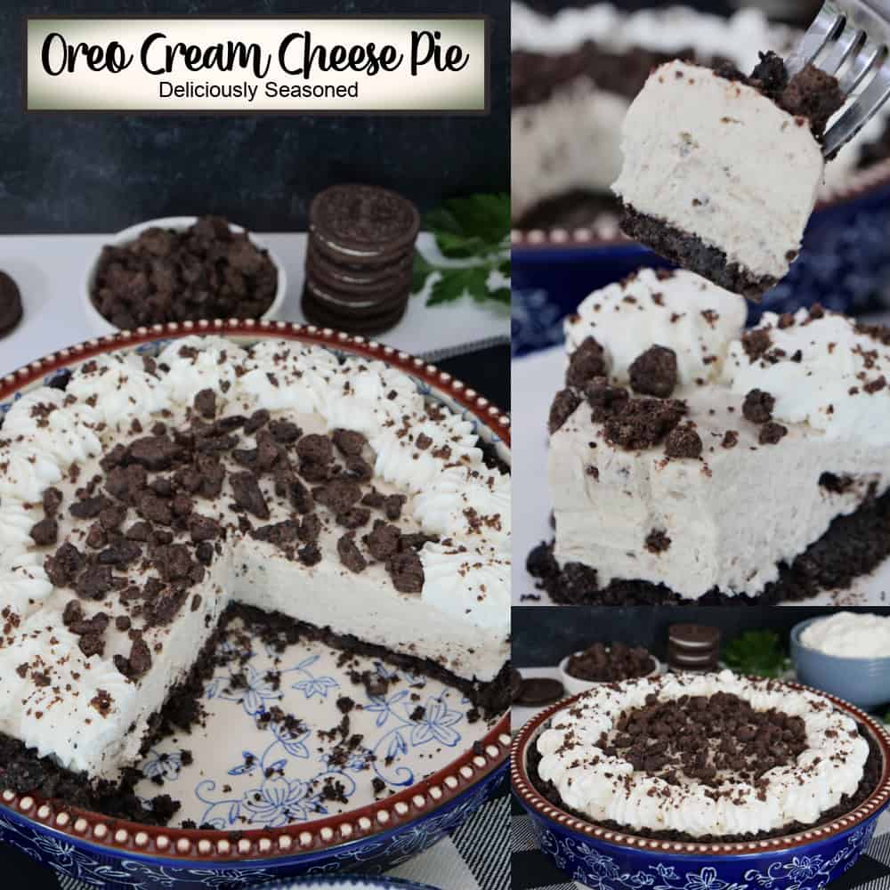 A three panel collage of a Oreo cream cheese pie with a title overlay at the top.
