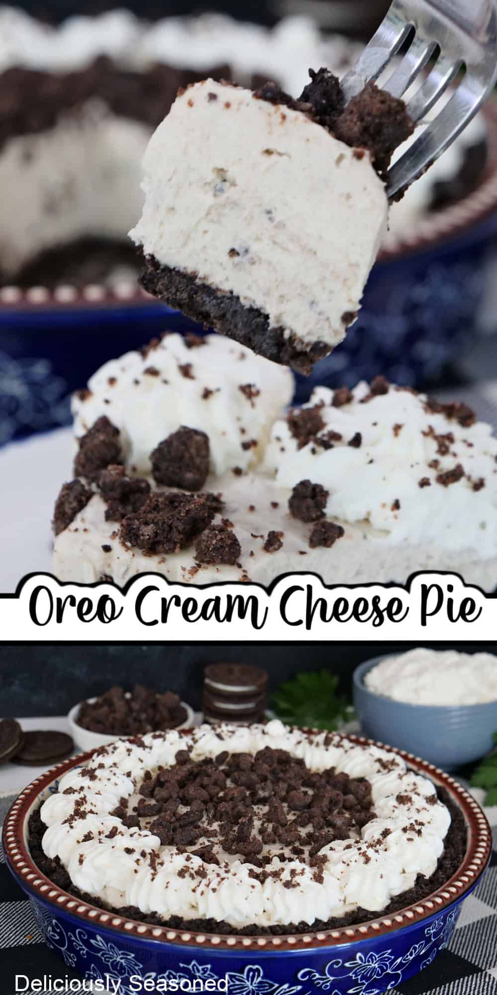 A two panel collage of an Oreo cream cheese pie with a title overlay in the center.
