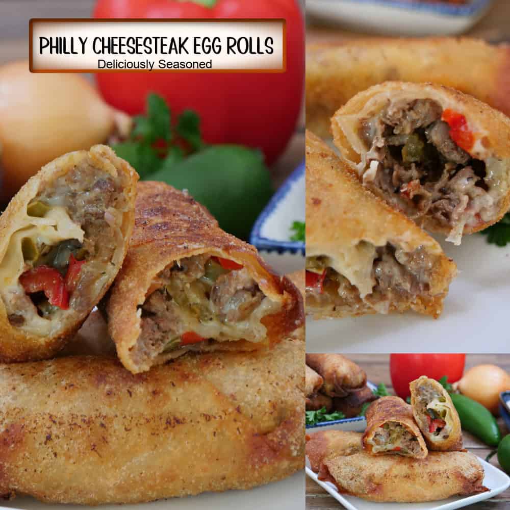 A three panel collage of Philly cheesesteak egg rolls with a title overlay at the top lert.