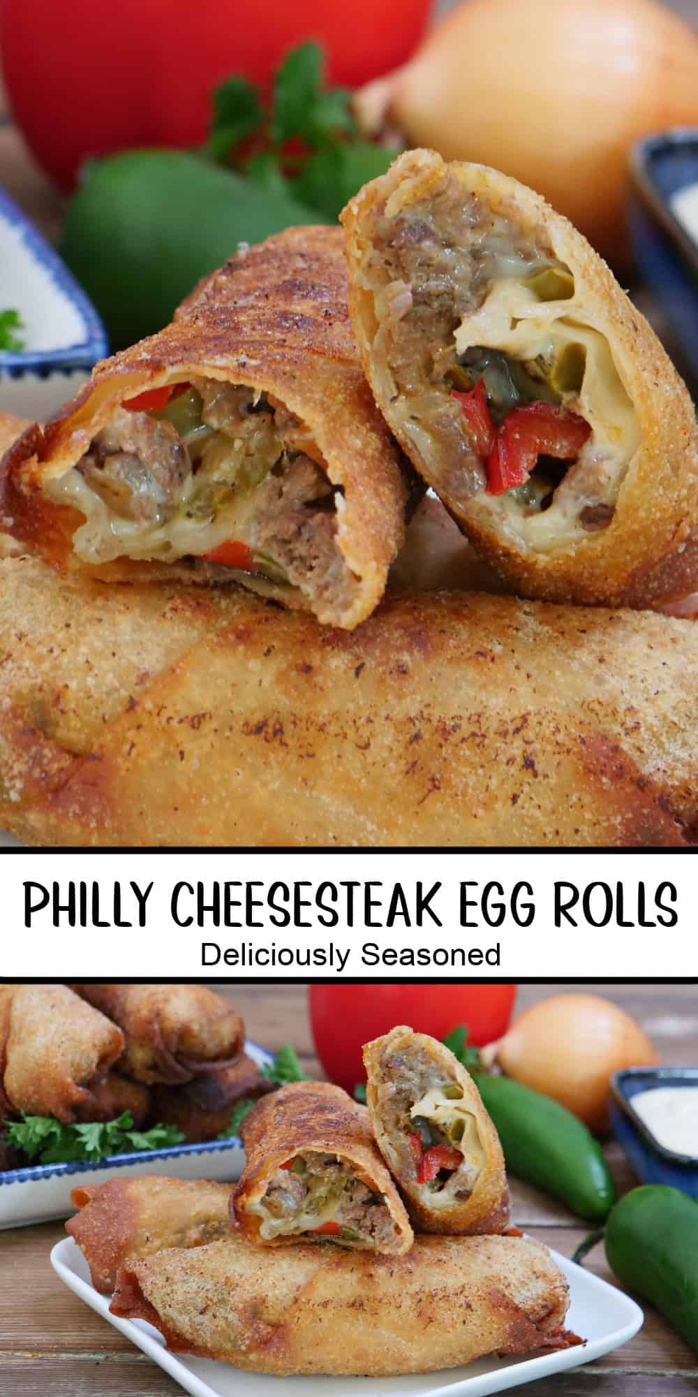 A two panel collage of Philly cheesesteak egg rolls with a title overlay in the center.