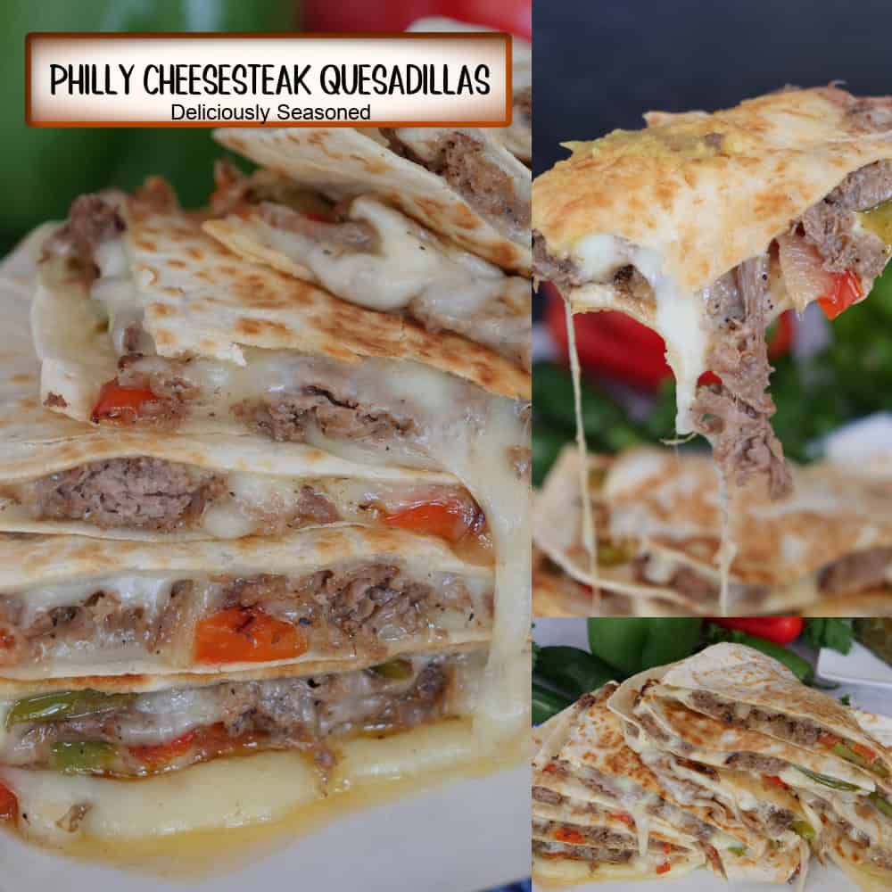 A three panel collage of Philly cheesesteak quesadillas with a title overlay at the top.