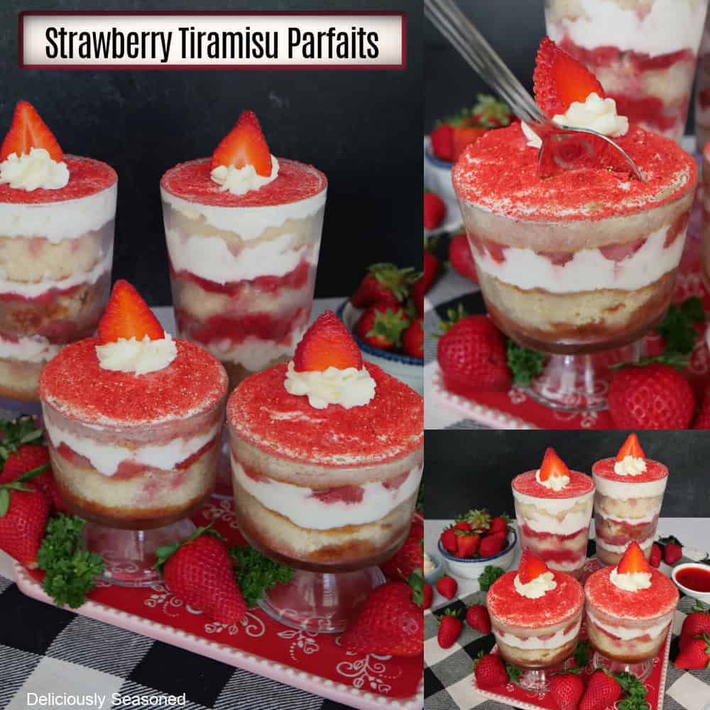 A three panel collage of strawberry tiramisu parfaits with a title overlay at the top.