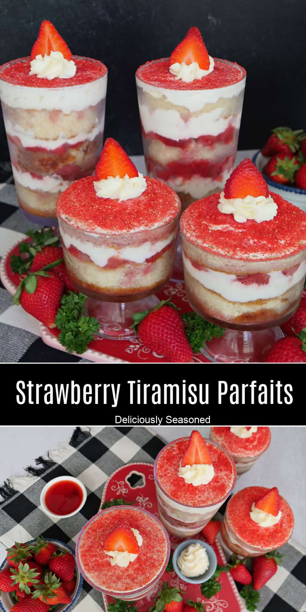 A two-panel collage of strawberry tiramisu parfaits with a title overlay in the center.