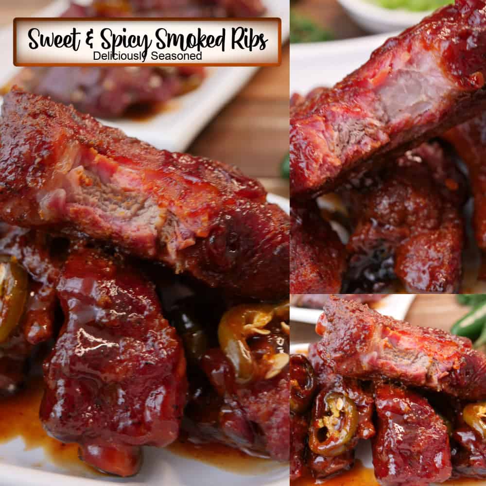 A three panel collage of sweet and spicy smoked pork ribs with a title overlay at the top.
