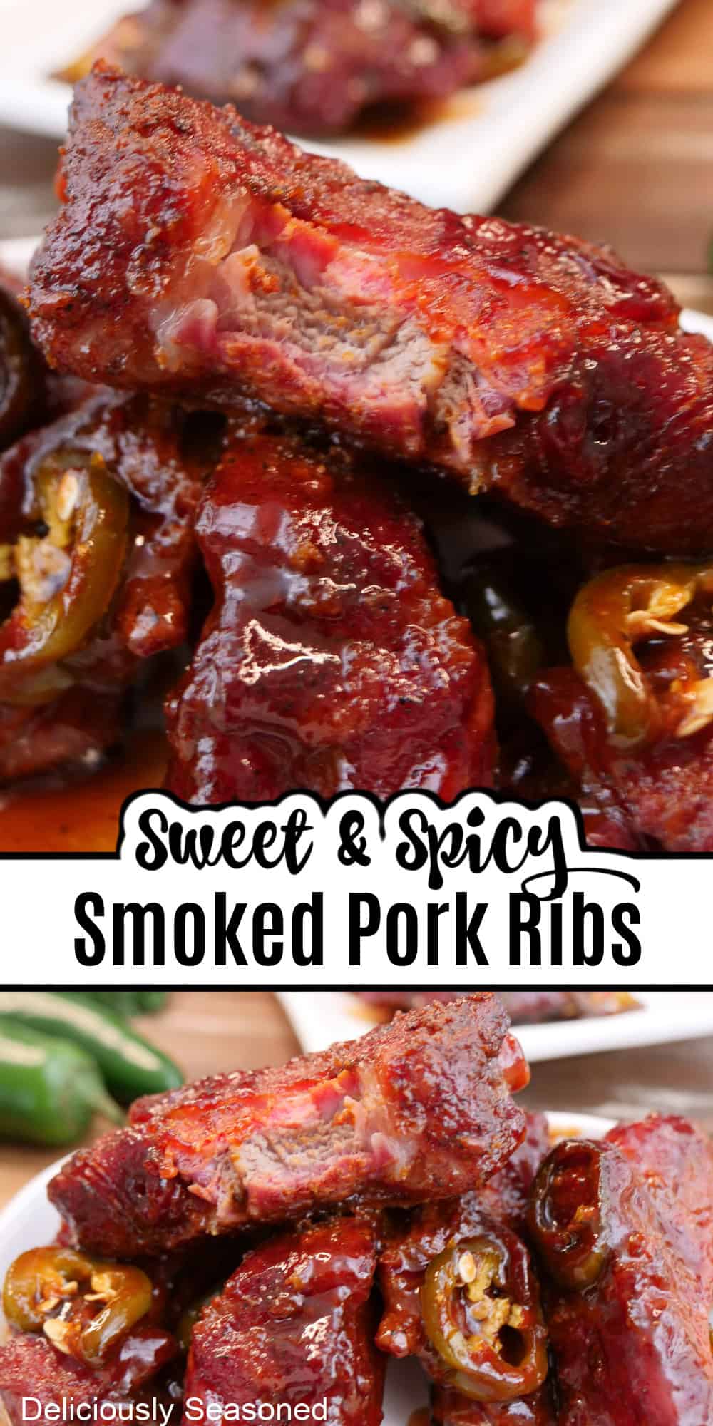 A two panel photo collage of sweet and spicy smoked ribs with a bite taken out of one of the ribs, and a title overlay in the center between the two photos.