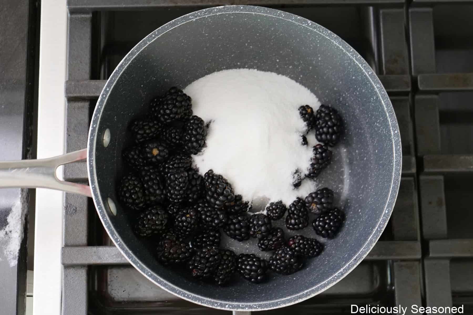 A saucepan on the stovetop with fresh blackberries and sugar in it.