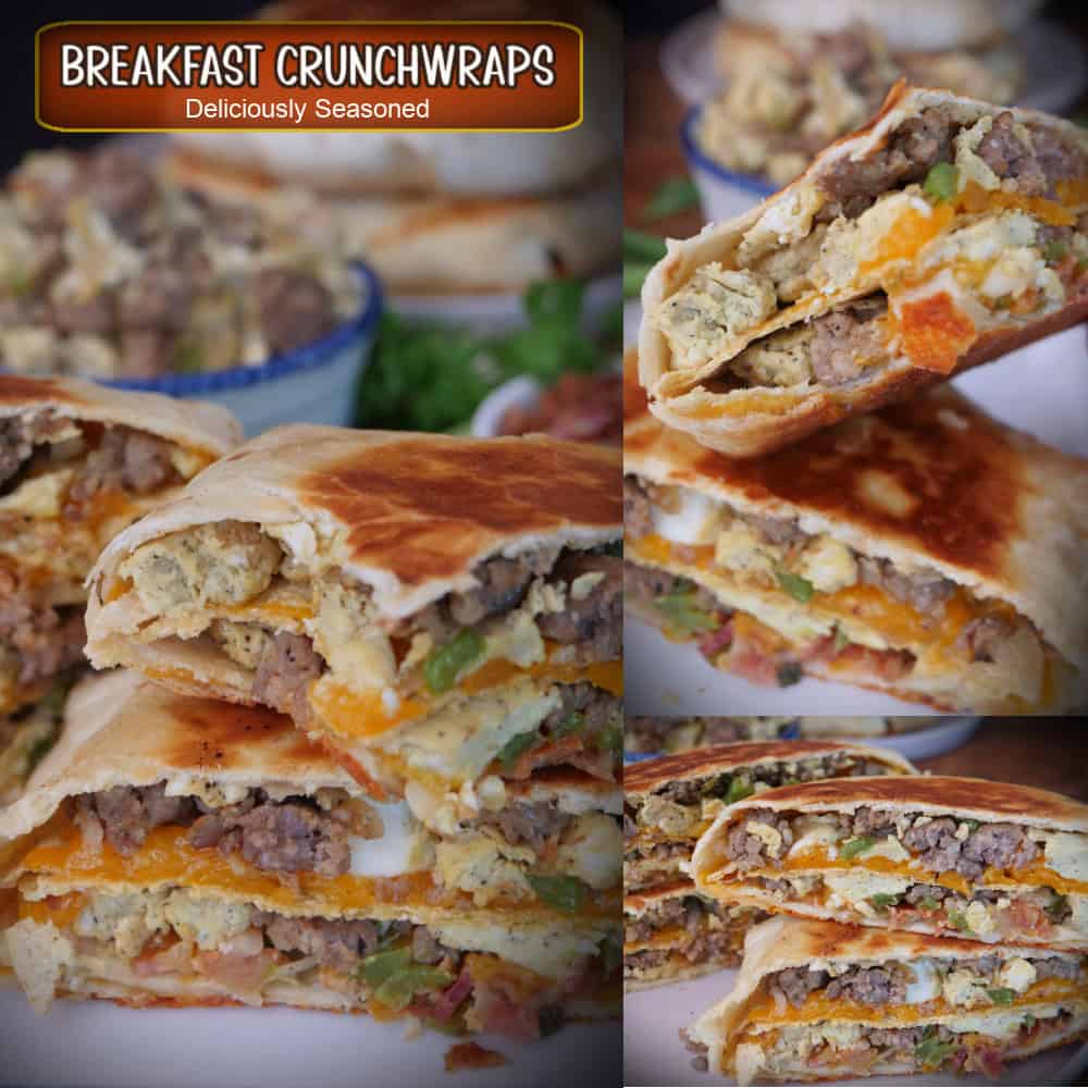 A three panel collage of breakfast crunchwraps with a title overlay at the top.