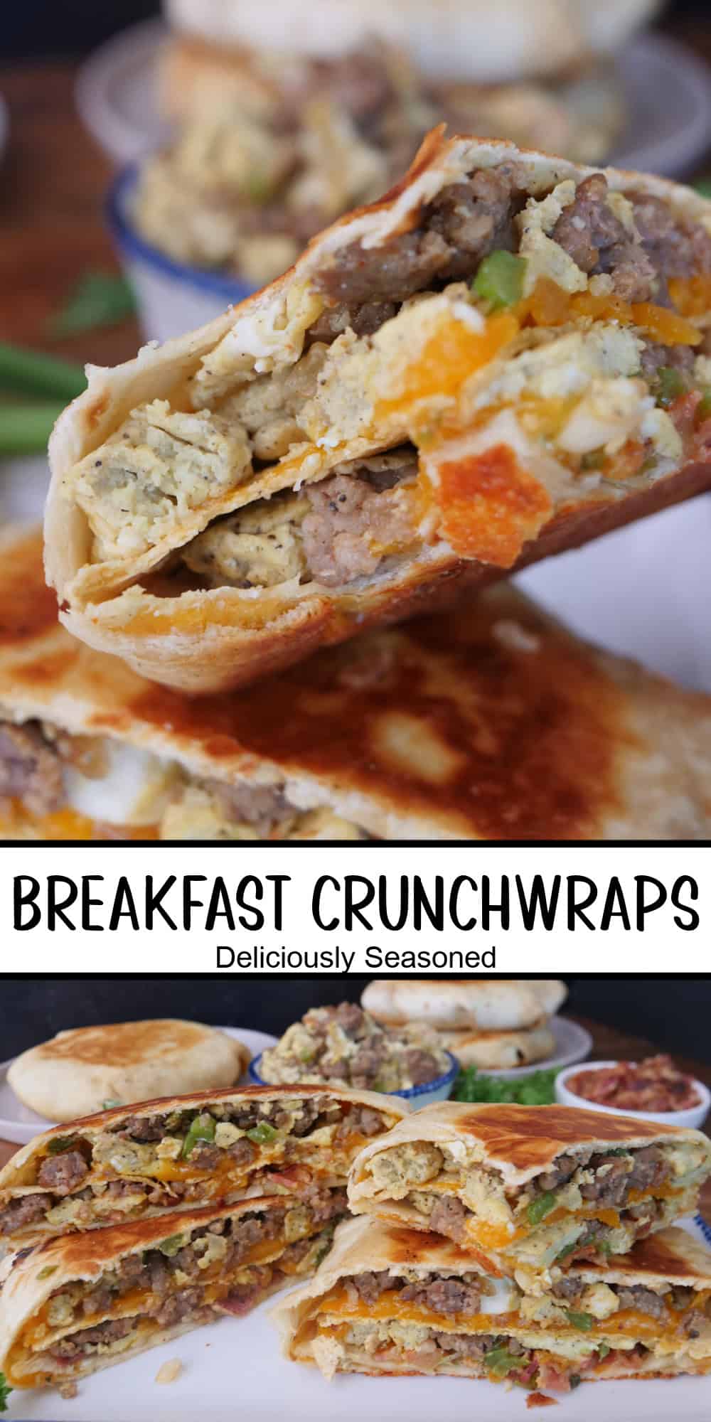 A two panel collate of breakfast crunchwraps with a title overlay in the center.