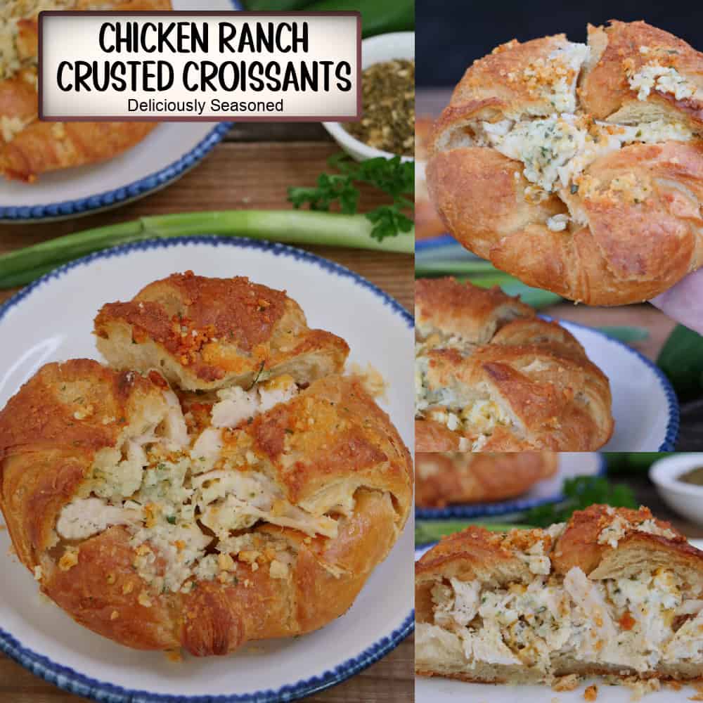 A three panel collage of store bought croissants filled with a savory chicken filling and baked, and a title overlay at the top.