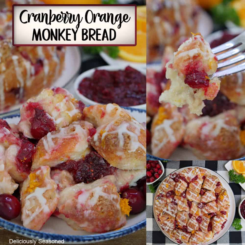 A three panel collage of cranberry orange monkey bread with a title overlay at the top left side.
