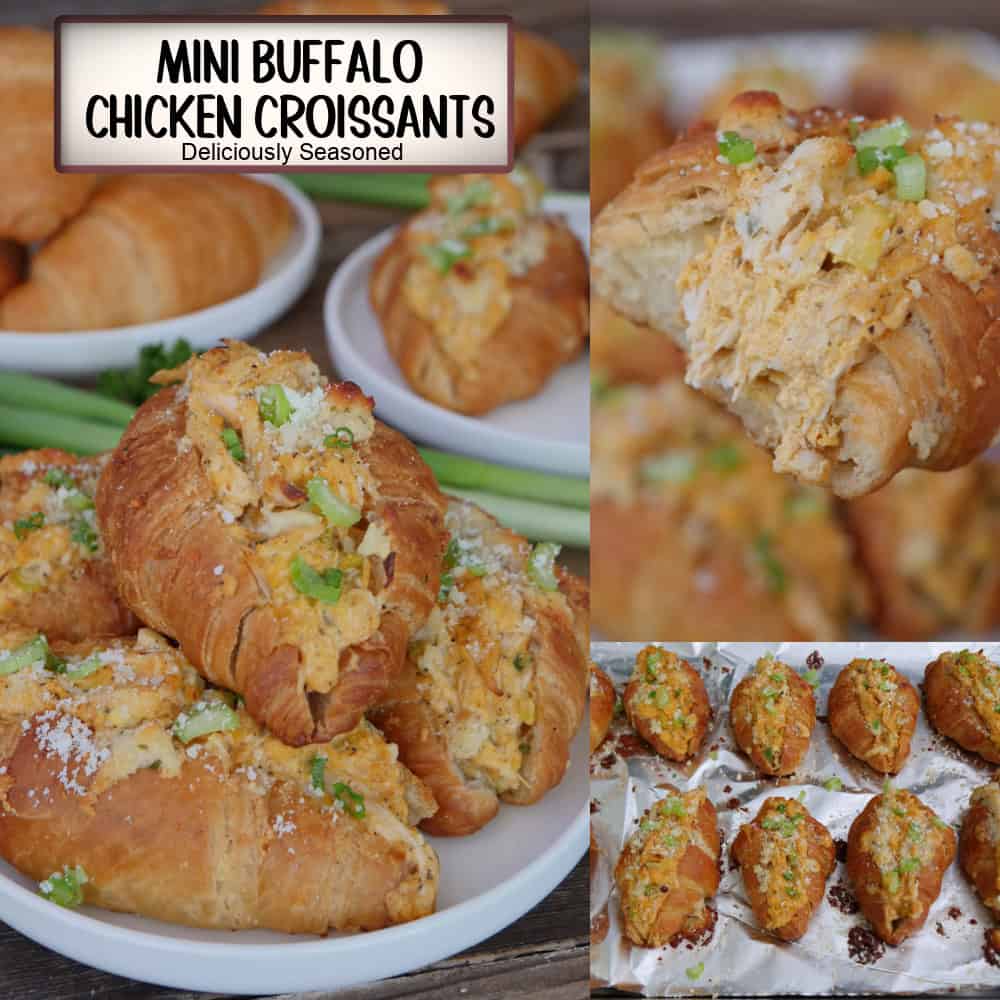 A three panel collage of mini buffalo chicken croissants with a title overlay at the top of the photo.