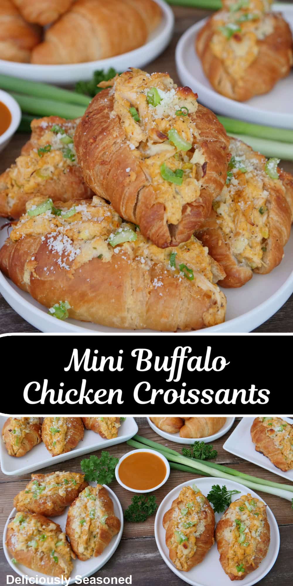 A two panel collage of mini buffalo ranch croissants placed on white plates with a title overlay in the center.