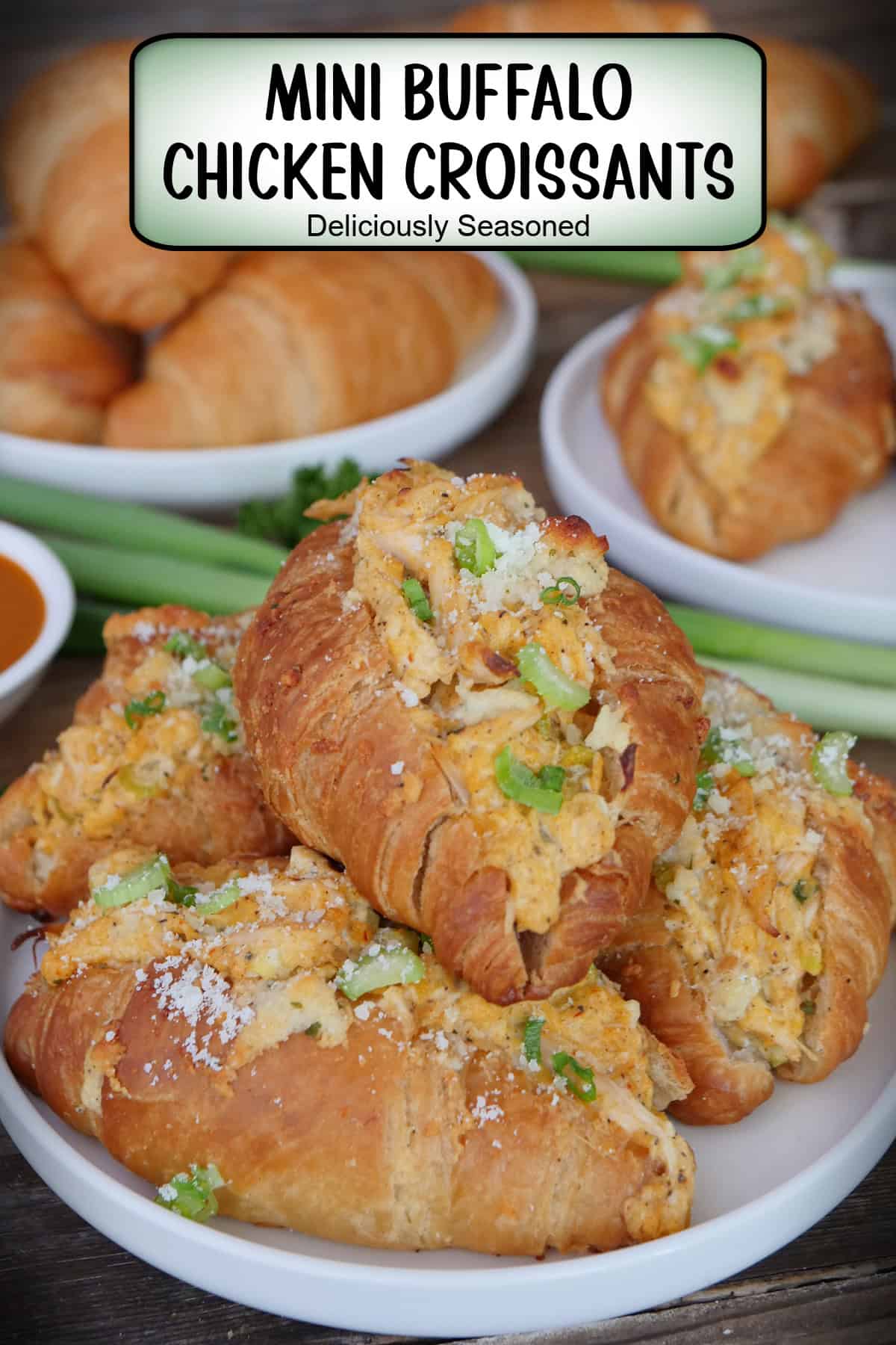 A wood surface with a white plate with four mini buffalo chicken croissants on it and a title overlay at the top.