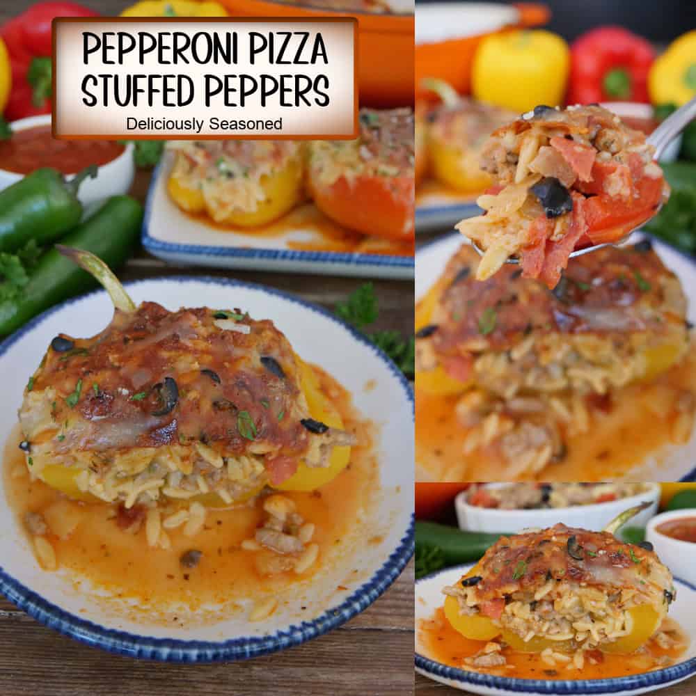A three panel collage of pepperoni pizza stuffed peppers with a title overlay at the top.