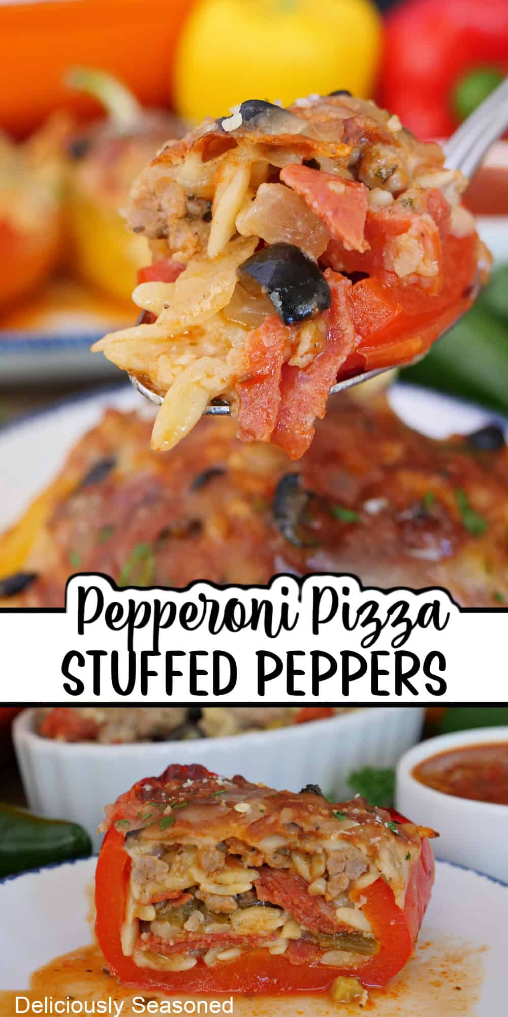 A two panel collage of pepperoni pizza stuffed peppers with a title overlay in the center.