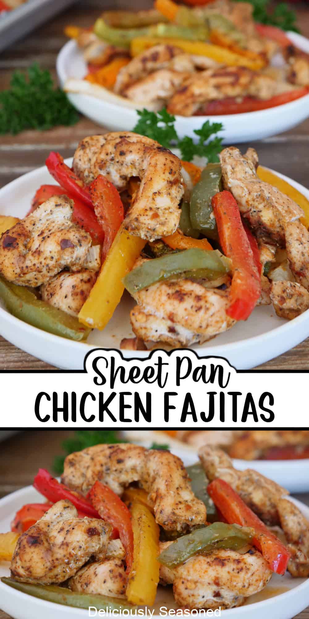A two panel collage of sheet pan chicken fajitas with a title overlay in the center.