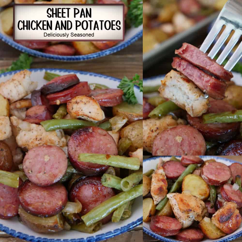 A three panel collage of sheet pan chicken and sausage with a title overlay at the top.