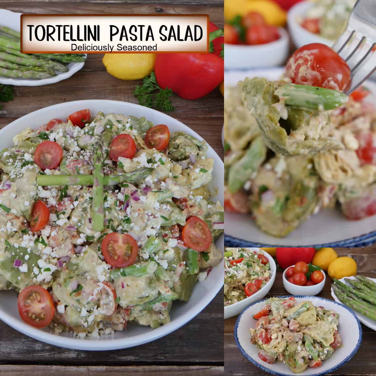 A three panel collage of tortellini pasta salad in white bowls with a title overlay at the top.