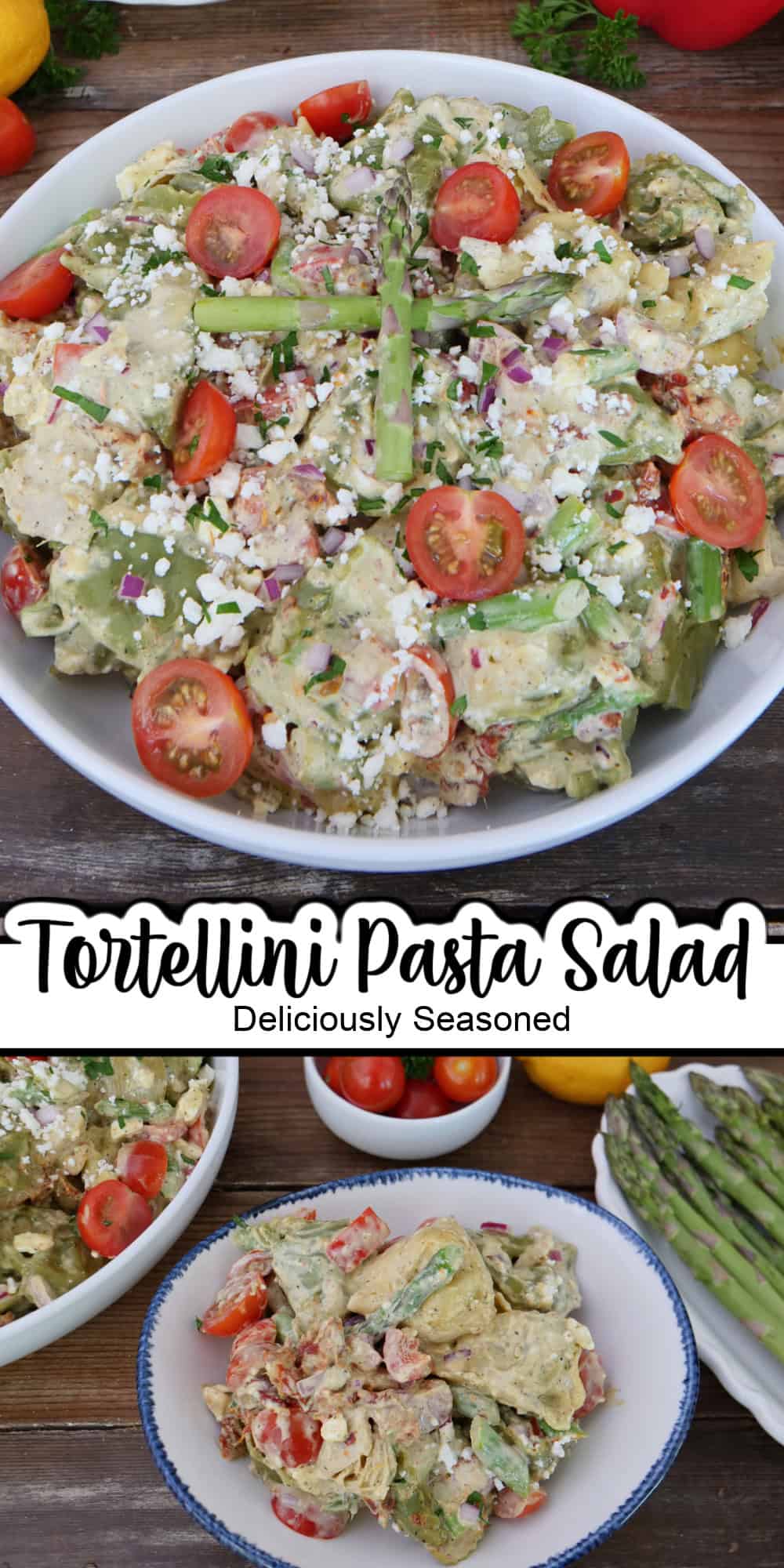 A two panel photo collage of tortellini pasta salad in a white bowl with a title overlay in the center.
