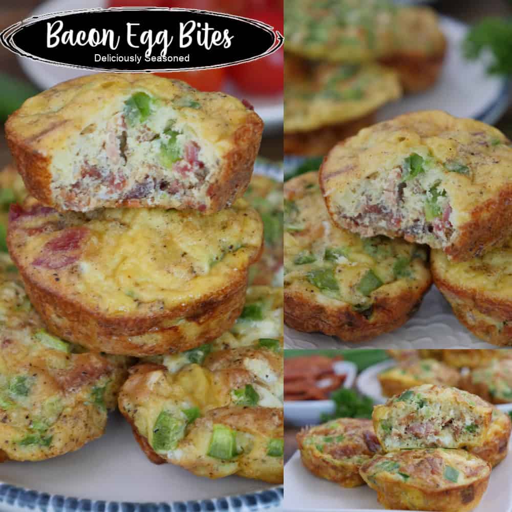 A three panel image collage of bacon egg bites on white plates with a title overlay at the top.