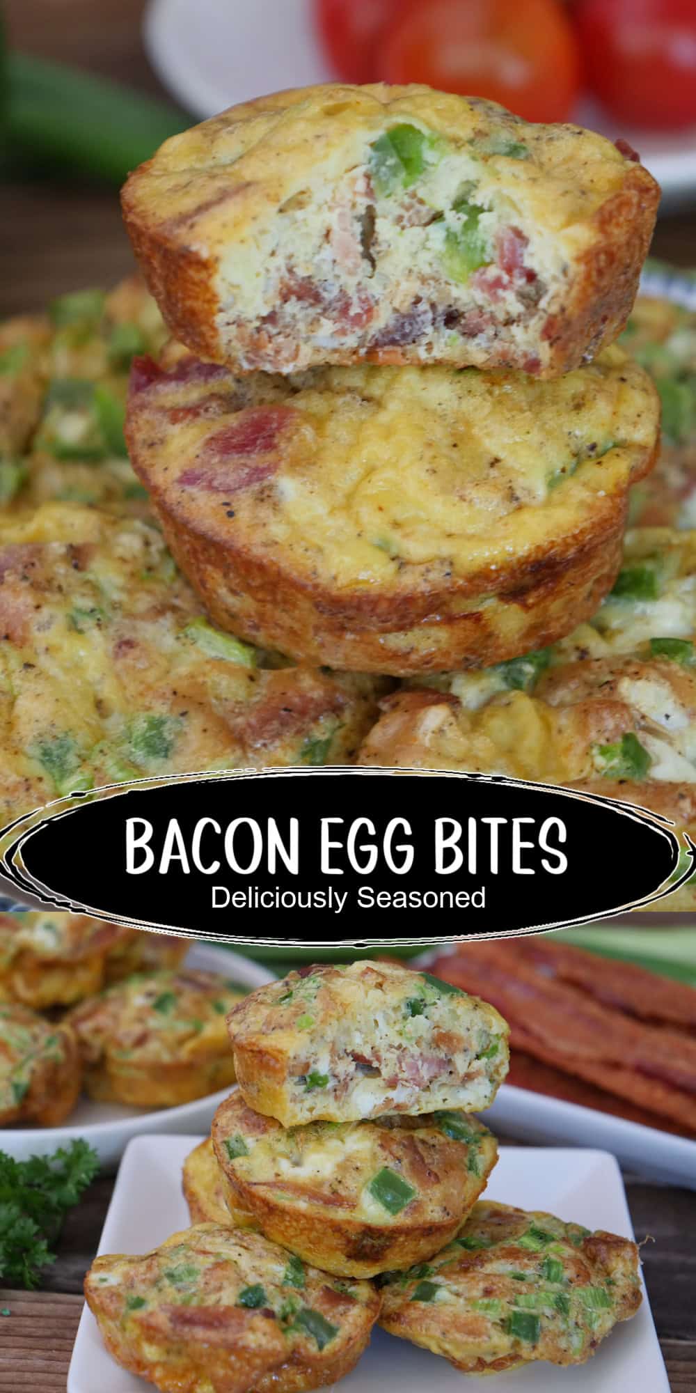 A two panel image collage of bacon egg bites with a title overlay in the center of the two photos.