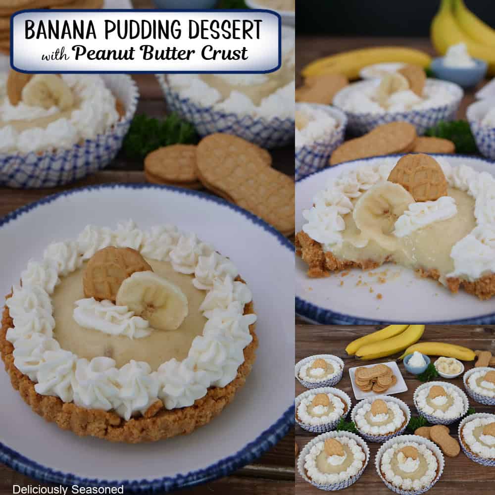 A three panel image collage of banana pudding dessert on a white plate with blue trim and a title overlay at the top.