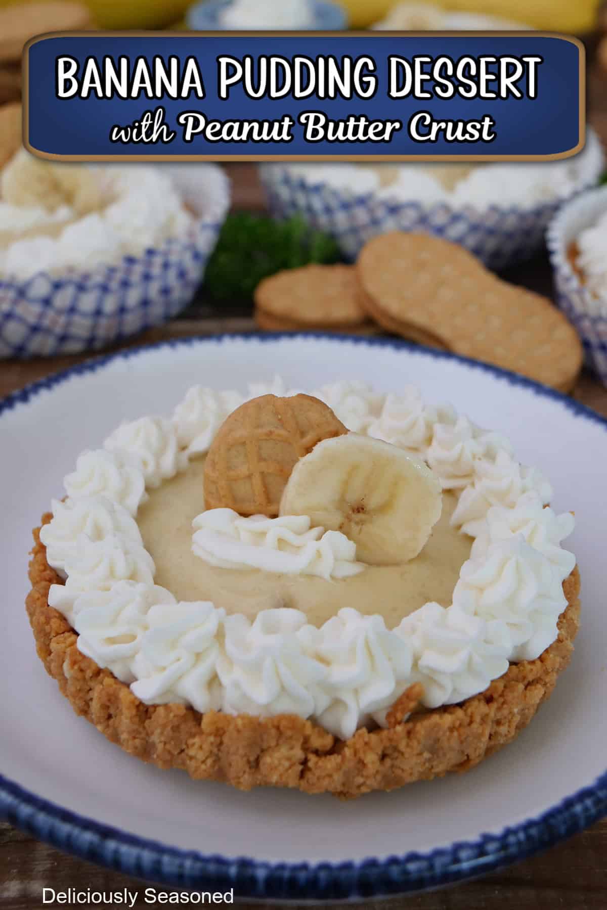 A round white plate with blue trim with a peanut butter cookie crust filled with banana pudding and topped with whipped cream and decorated with a piece of cookie and a slice of banana with a title overlay at the top.