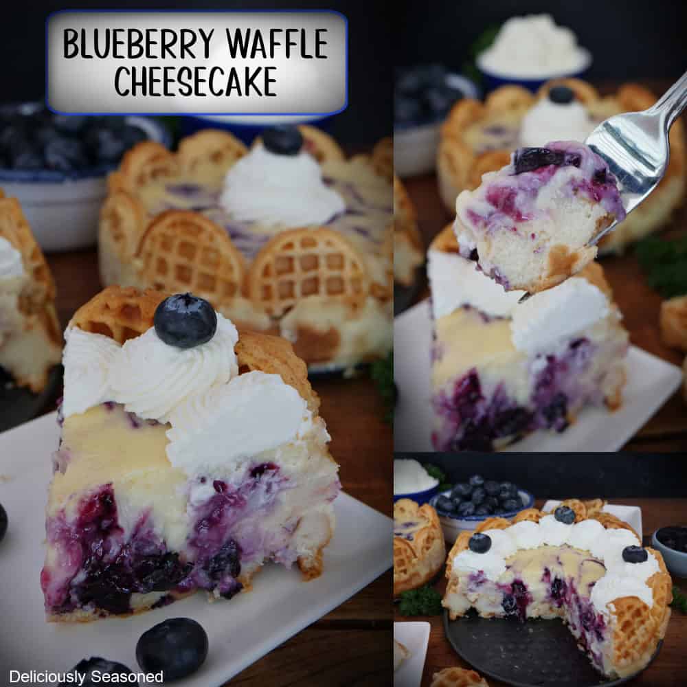 A three panel image collage of blueberry waffle cheesecake with a title overlay at the top.