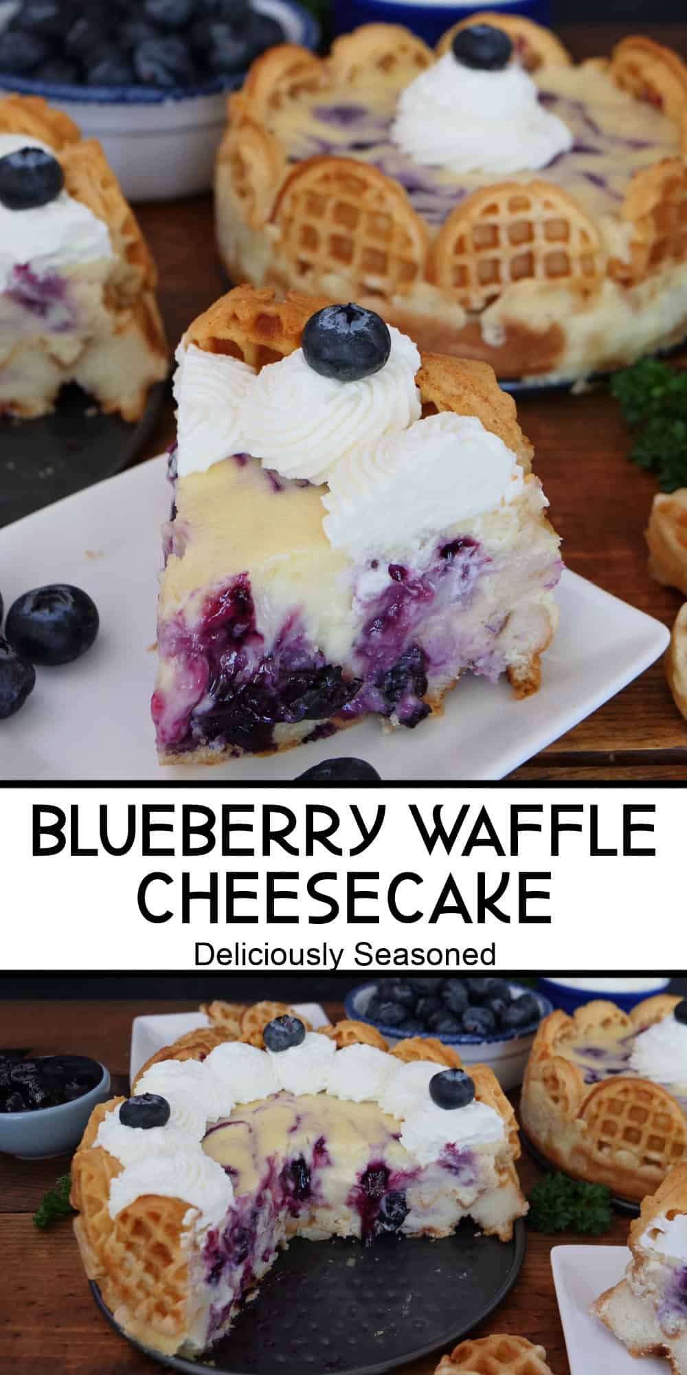 A two panel image collage of blueberry waffle cheesecake with a title overlay in the center.