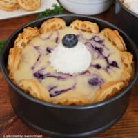 A blueberry waffle cheesecake in a springform pan after being baked, with a dollop of whipped cream on top and a single blueberry.