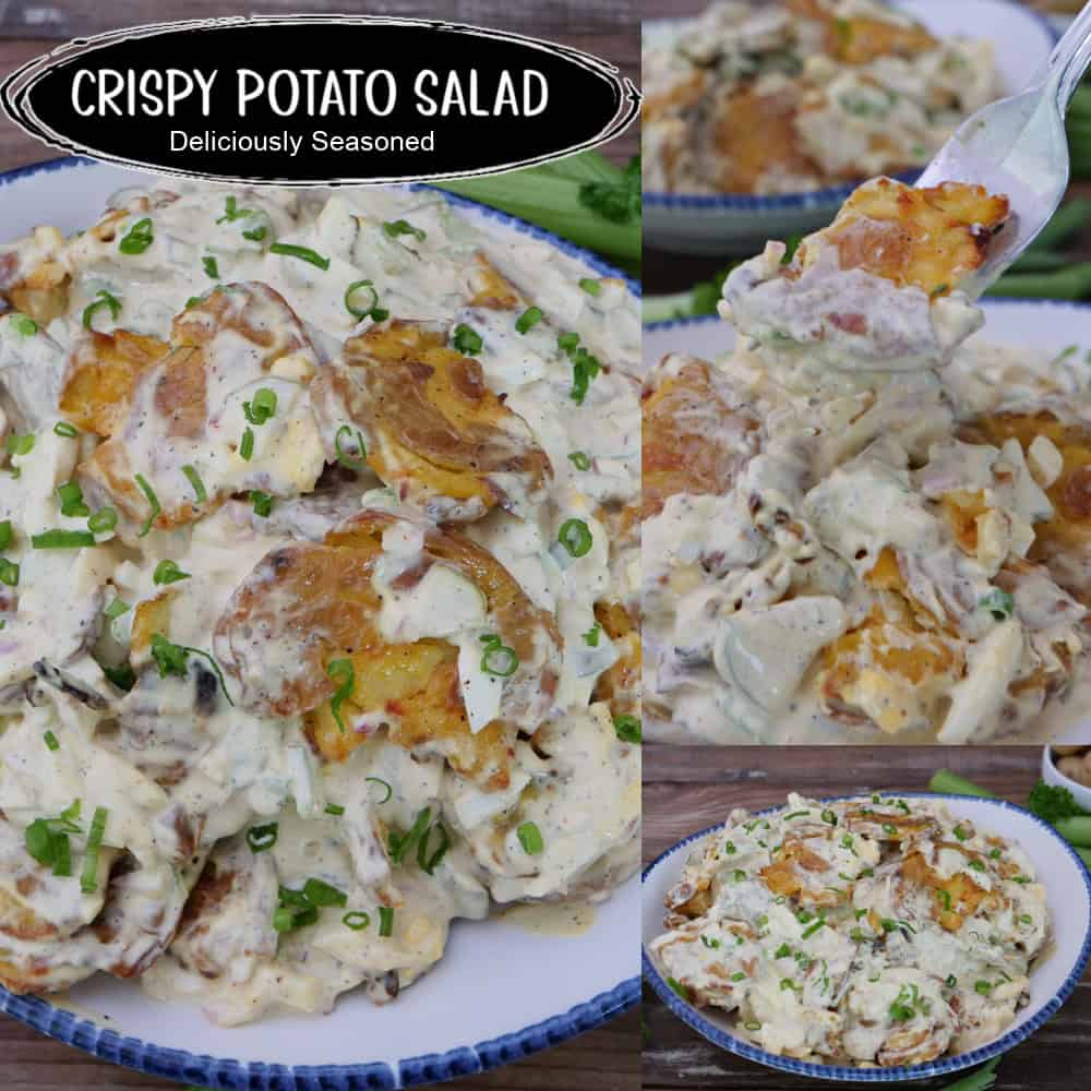 A three panel image collage of crispy potato salad, and a title overlay at the top.