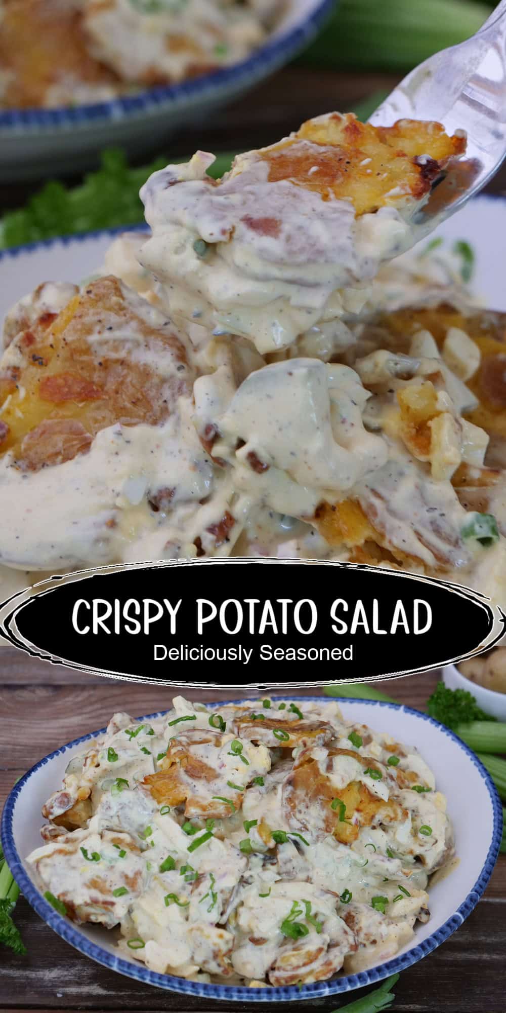 A two panel image collage of crispy potato salad in a blue trimmed white bowl, and a title overlay in the center.