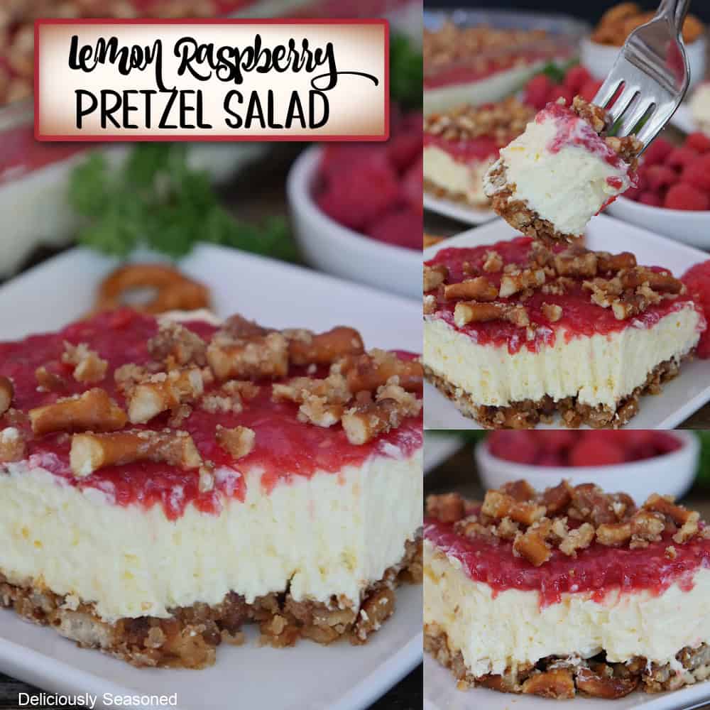 A three panel image collage of lemon raspberry pretzel salad, and a title overlay at the top.