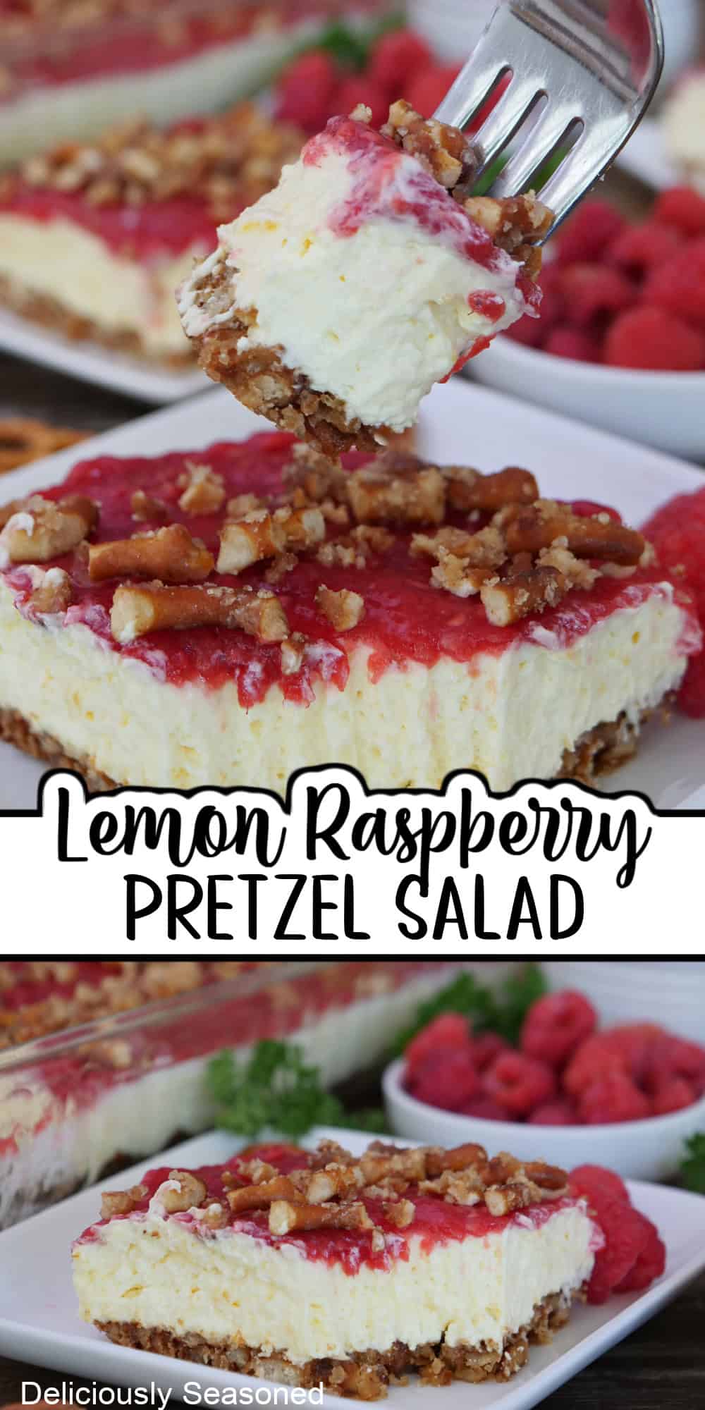 A two panel image collage of lemon raspberry pretzel salad with a title overlay in the center.