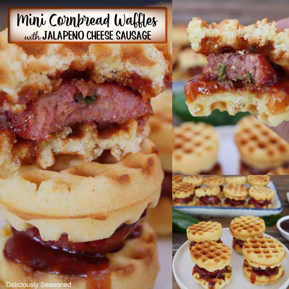 A three panel image collage of mini cornbread waffles with a title overlay at the top.
