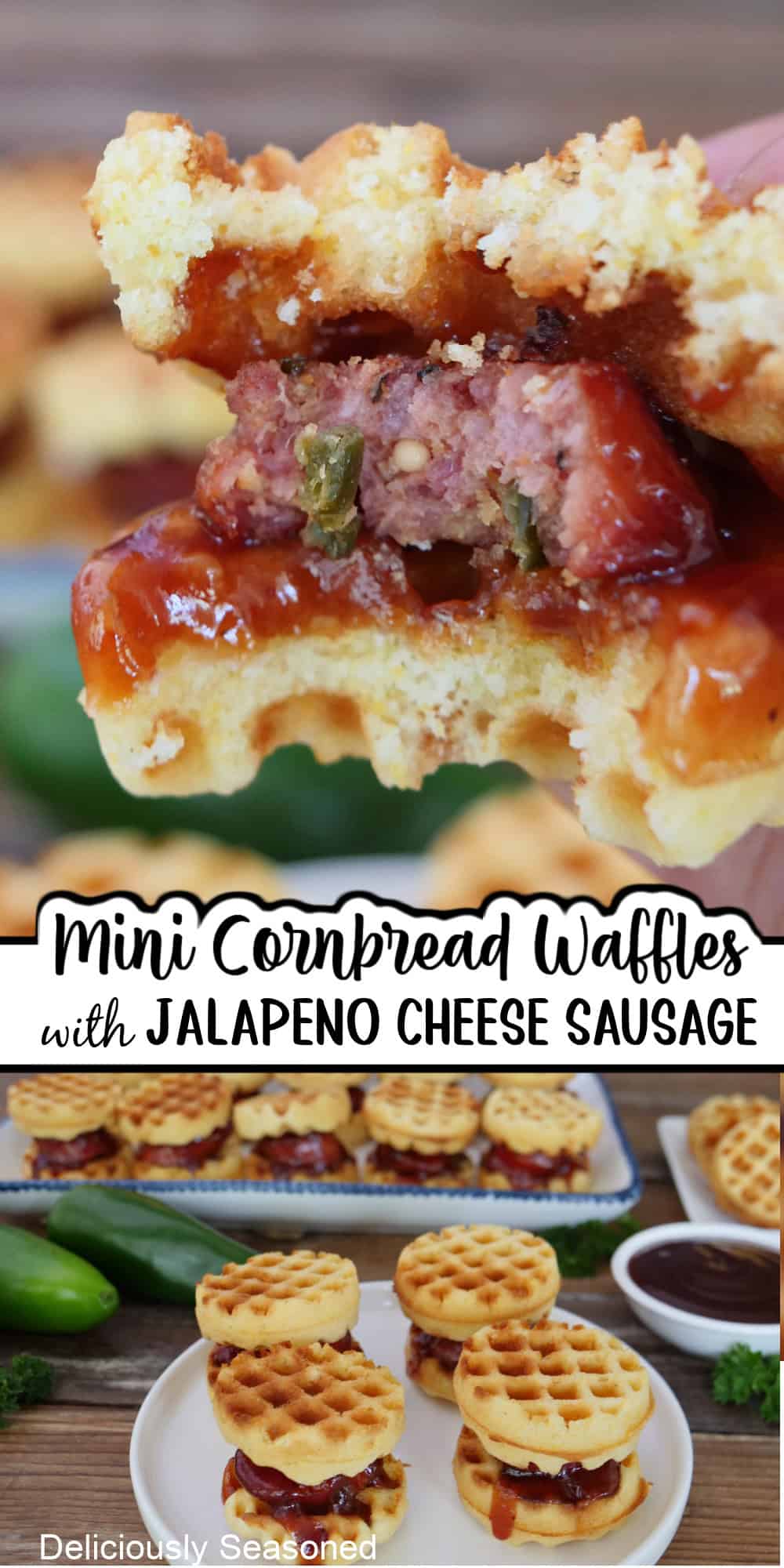 A two panel image collage of mini cornbread waffles with sliced jalapeno cheese sausage in them, and a title overlay in the center.
