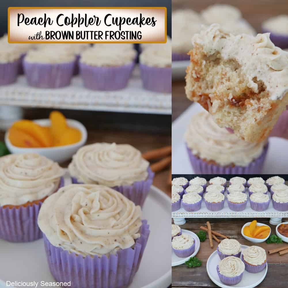 A three panel image collage of peach cobbler cupcakes in light purple liners with a brown butter frosting on top, and a title overlay at the top.