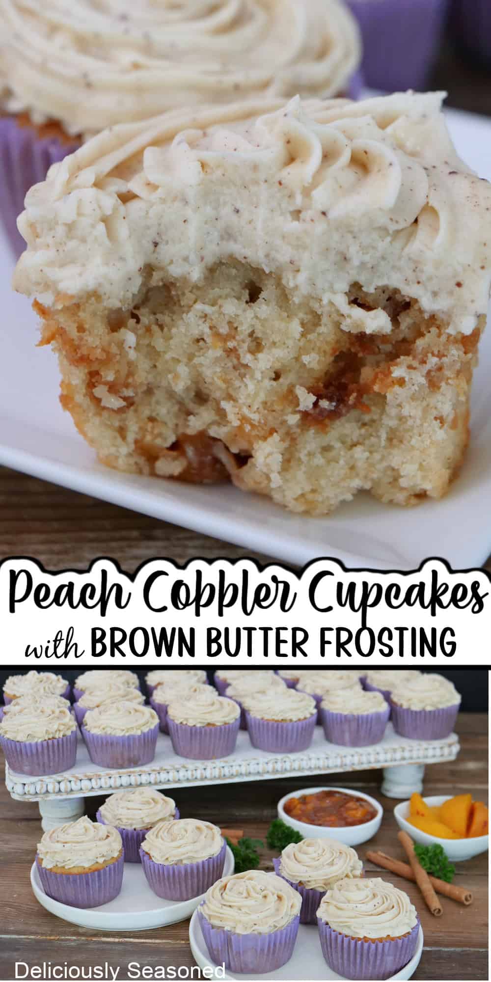A two panel image collage with peach cobbler cupcakes on white plates and a title overlay in the middle.