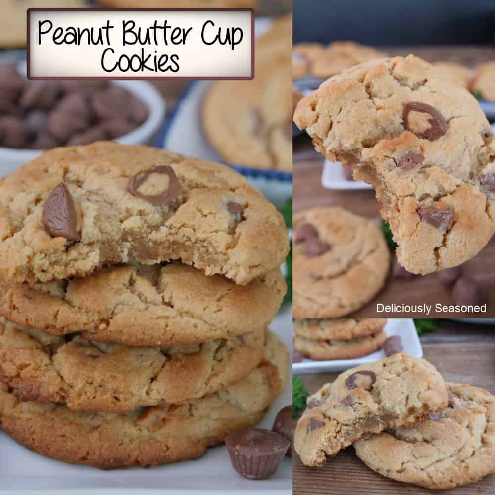 A three panel image collage of peanut butter cup cookies with a title overlay at the top.