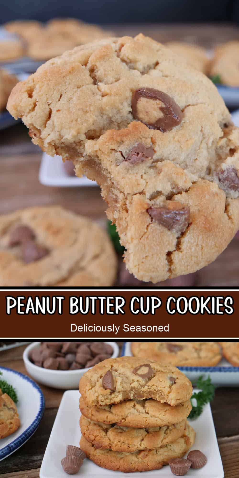A two panel image collage of peanut butter cup cookies with a title overlay in the center of the two photos.