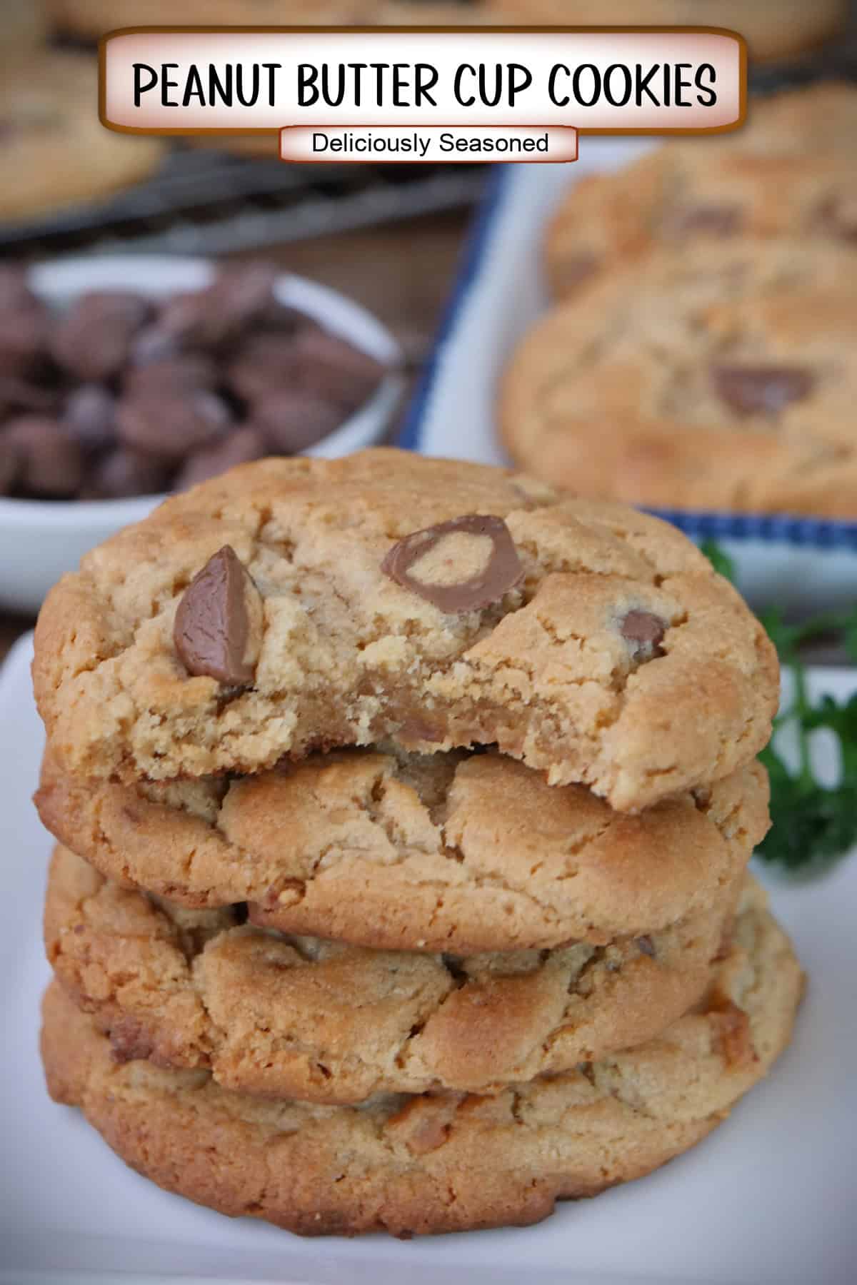 A stack of four cookies on a white plate with a bite taken out of the cookie on top, and a title overlay at the top.
