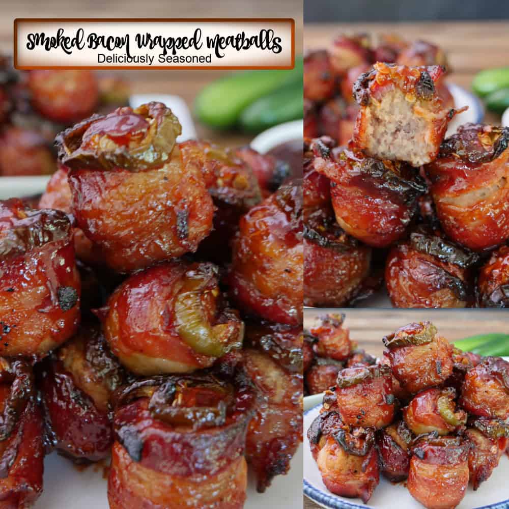 A three panel collage of smoked bacon wrapped meatballs with a title overlay at the top.